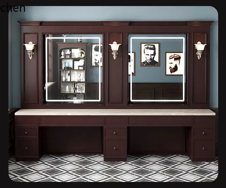 YFY Oil Head Salon Barber Shop Mirror with Light Hair Salon Mirror Barber Solid Wood Barber Shop Mirror Cabinet Integrated