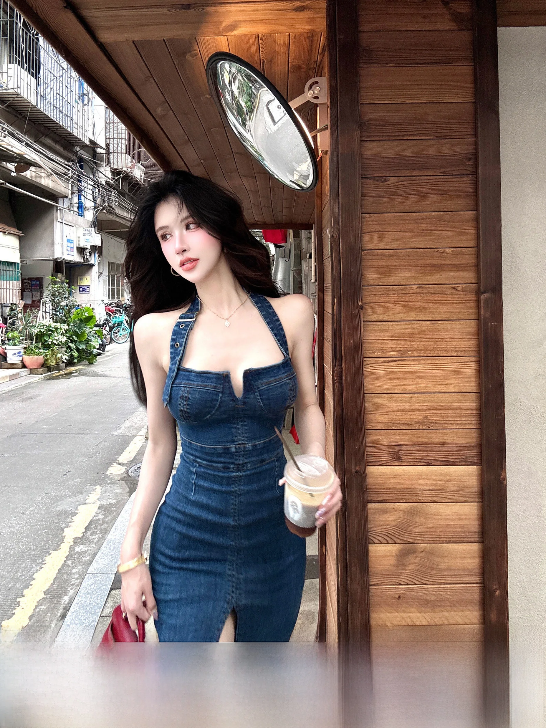 

Dustdip Club Spicy Girl Sle Denim Neline Dr Женская летняя длинная юбка с разрезом и топ-бюстье с вкладышами для груди