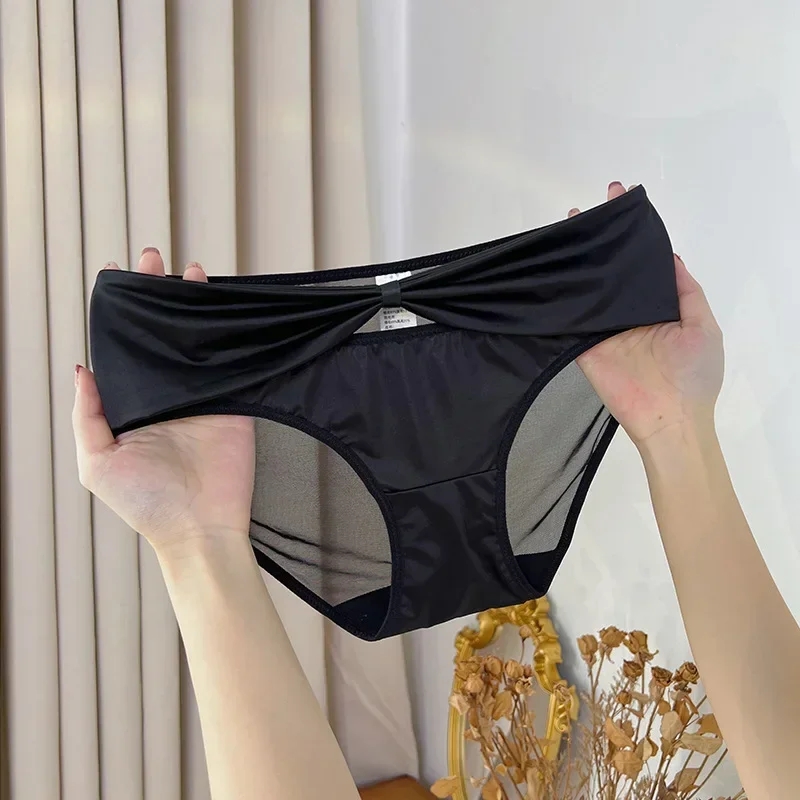 Japanese Cute Panties Women's Bowknot Hollow Out Underwear Sexy Famale Thin Triangle Panties Ice Silk Solid Color Sweet Briefs