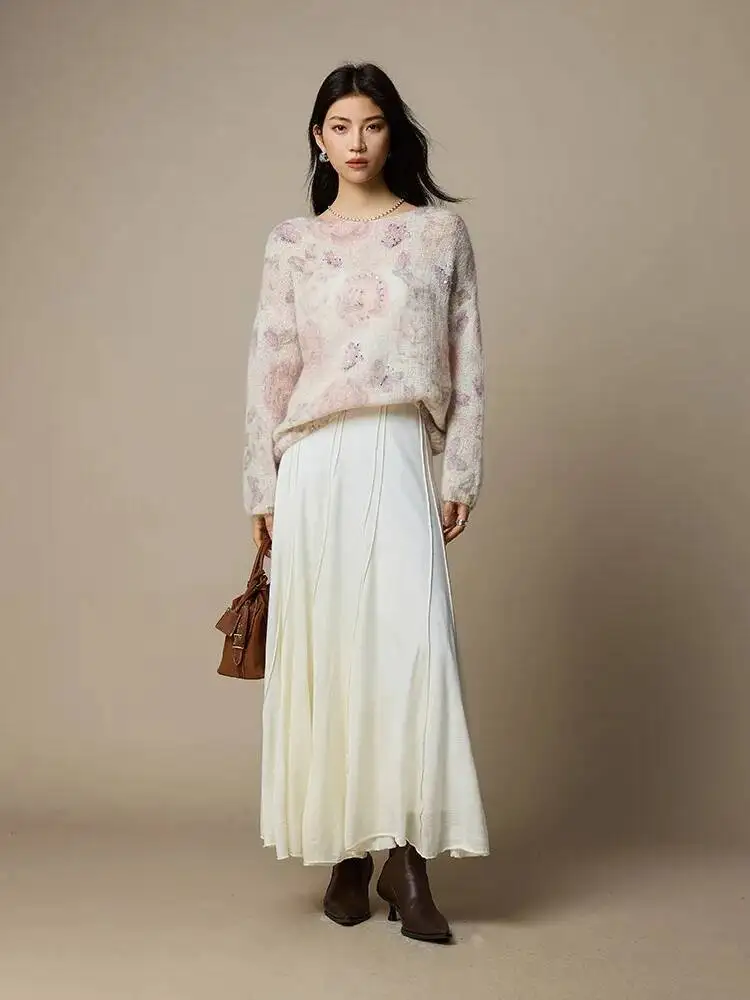 Women Mohair Wool Sweater Autumn Winter Korean 30% Mohair 27%Wool Floral Beading Pullovers,Tops