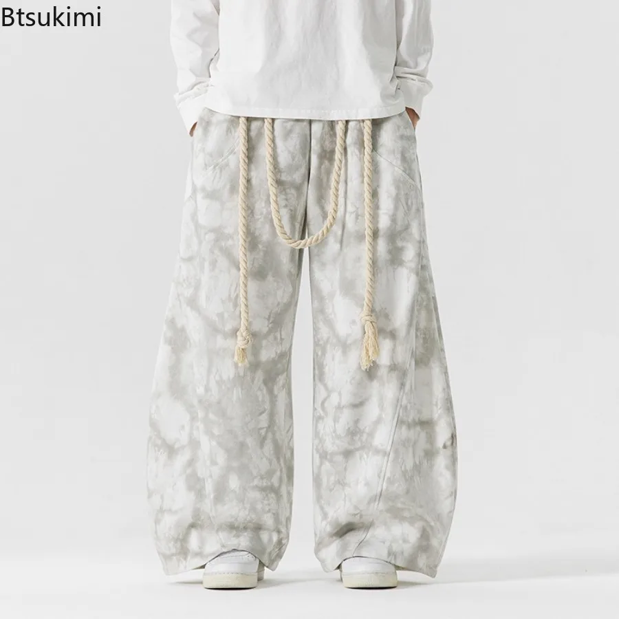2025 Autumn Winter New Men's Plus Size Wide Leg Pants Japanese Hong Kong Style Tie Dye Casual Sweatpants Curved Knife Trousers