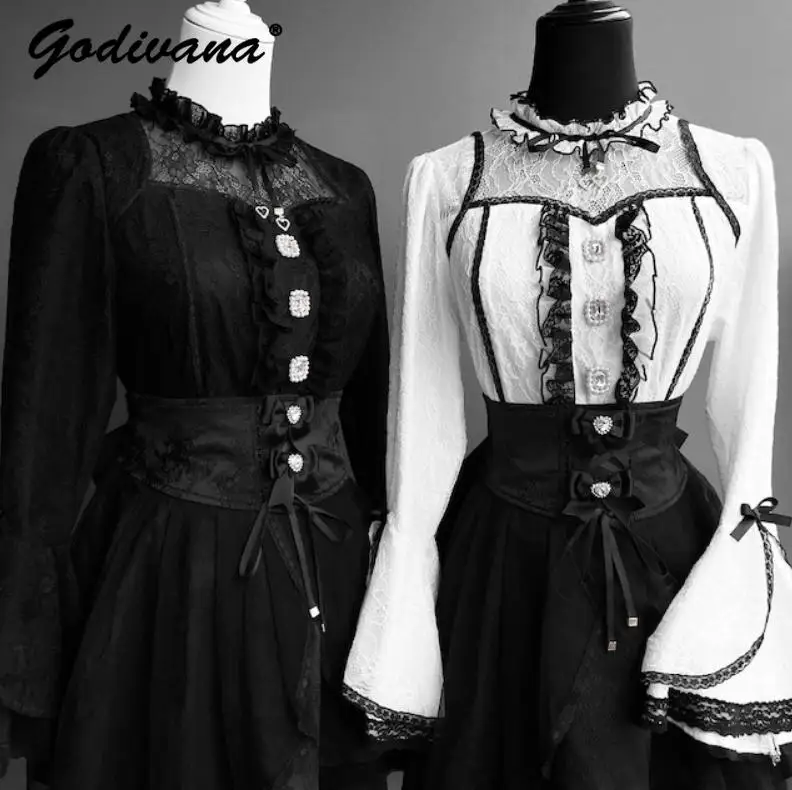 

Original Subculture Girl Women's Rhinestone Buckle Lolita Lace Ji Sleeve Shirt High Waist Skirt 2-Piece Set Slim Skirt Suits