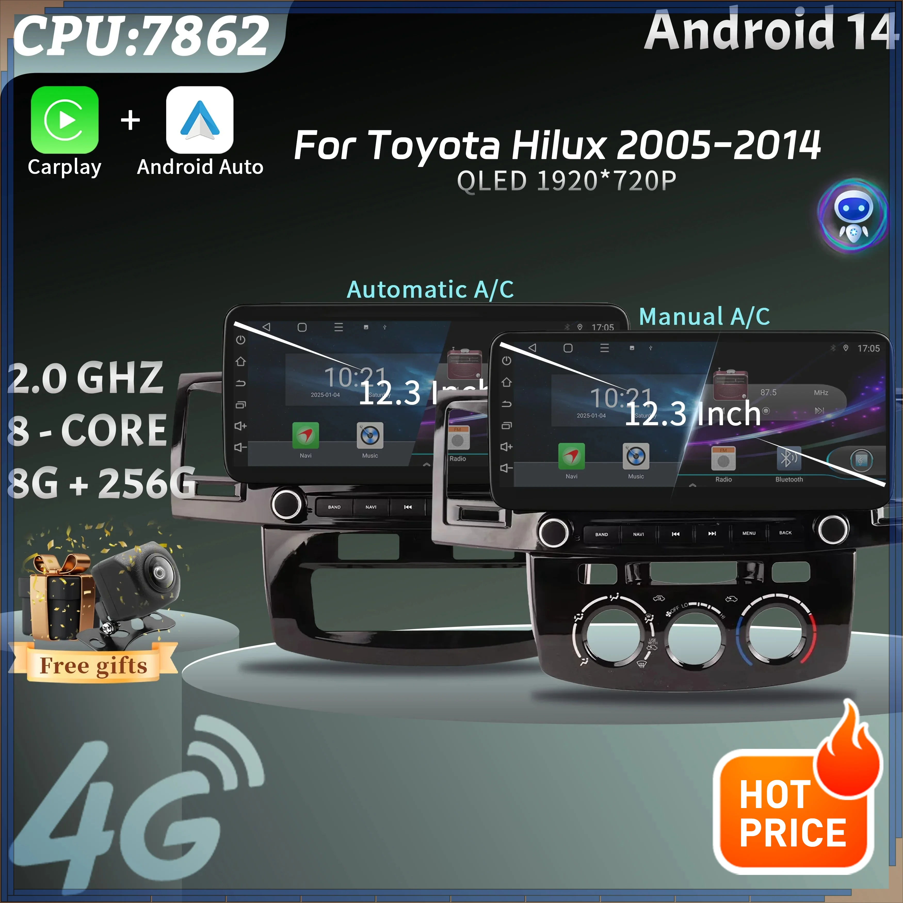 12.3″Car Radio Multimedia 4G GPS Android 14 Navigation Wireless Carplay Bluetooth Touch Screen For Toyota Hilux 2005-2014