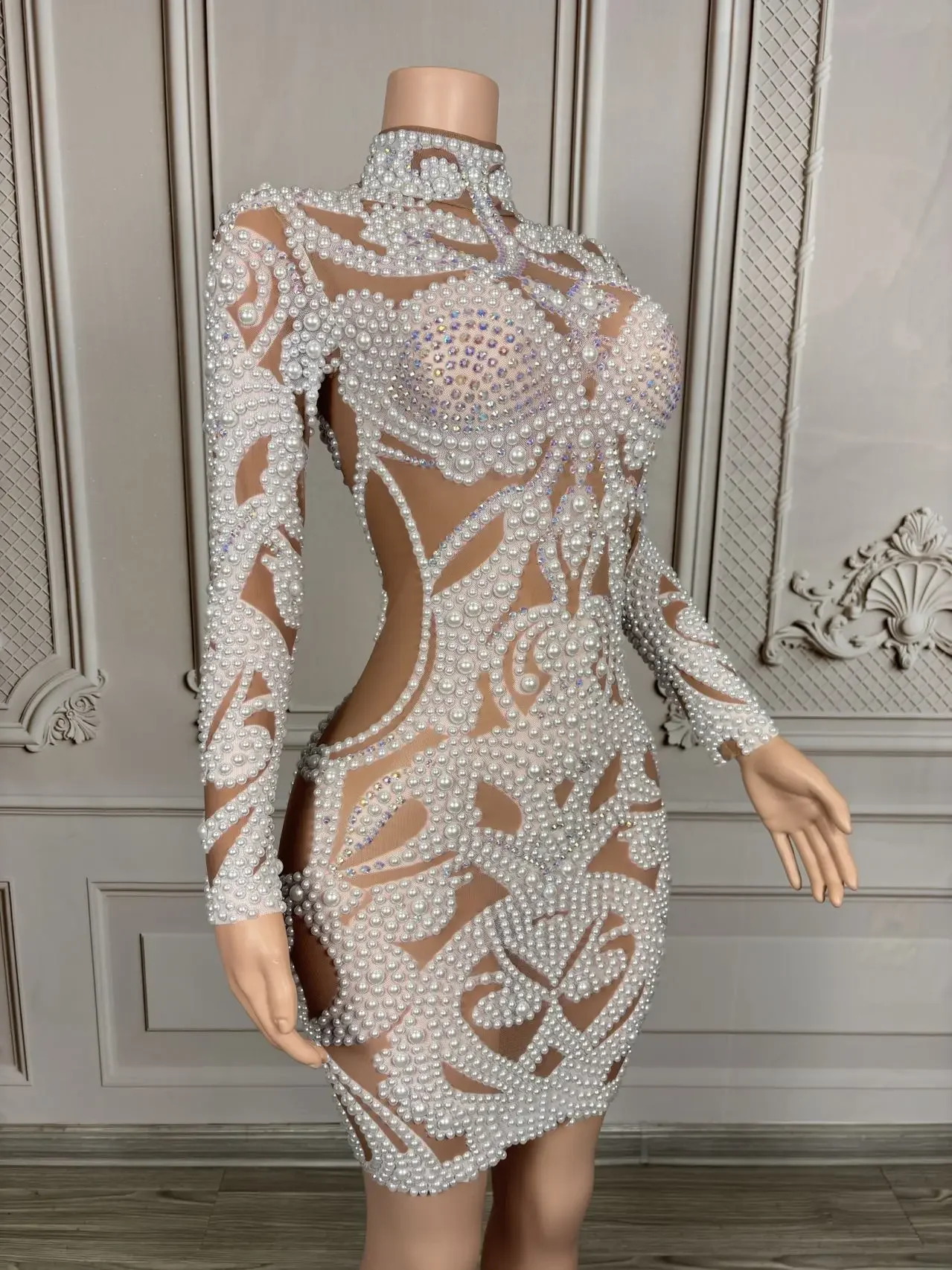Perlenkleid Strass Perlen Dark Mesh Transparentes Kleid Abend Geburtstag Feiern Kleid Party Tanz Performance Kostüm