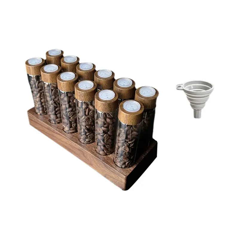

2025 Trend Walnut Wood Stand Coffee Bean Storage Jar Transparent Glass Single Dose Tubes With Lid