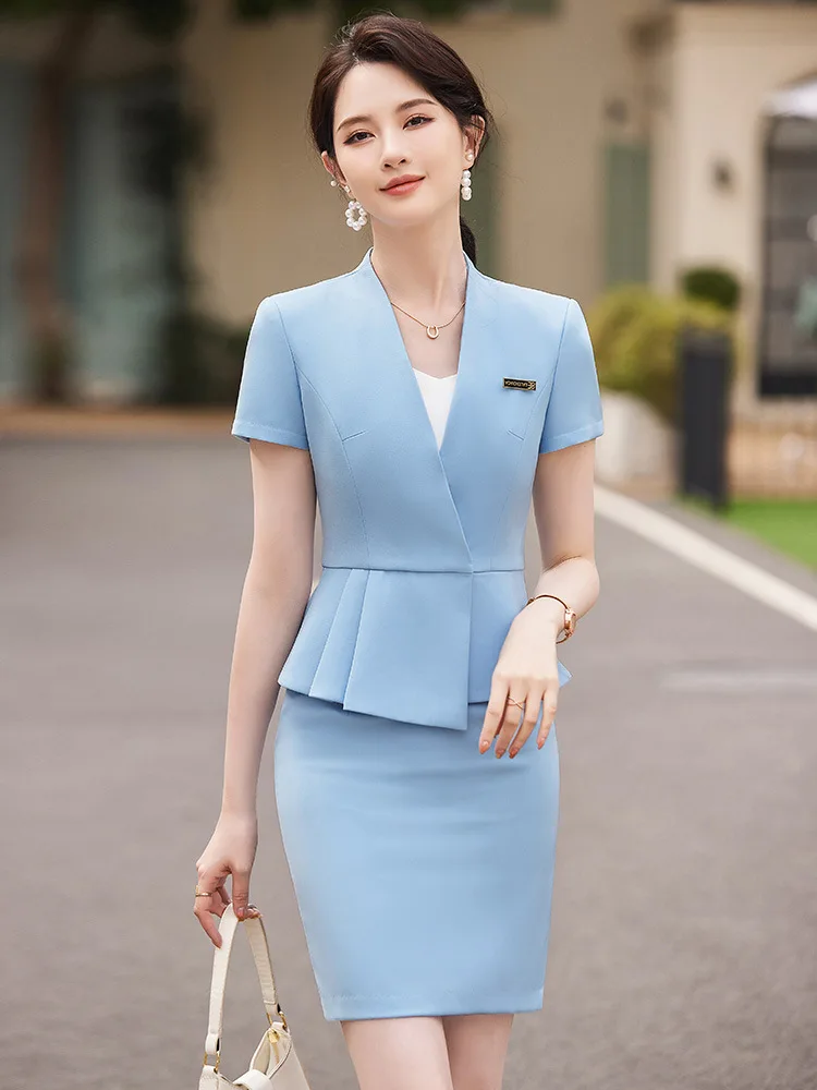 Summer Short Sleeve Women Business Suits OL Styles Office Ladies Formal Professional Work Wear with Skirt and Tops Career Set