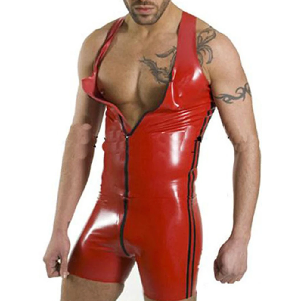 Men\'s Leather Jumpsuit Shorts Nightclub Vest Type Red Costume Clubwear