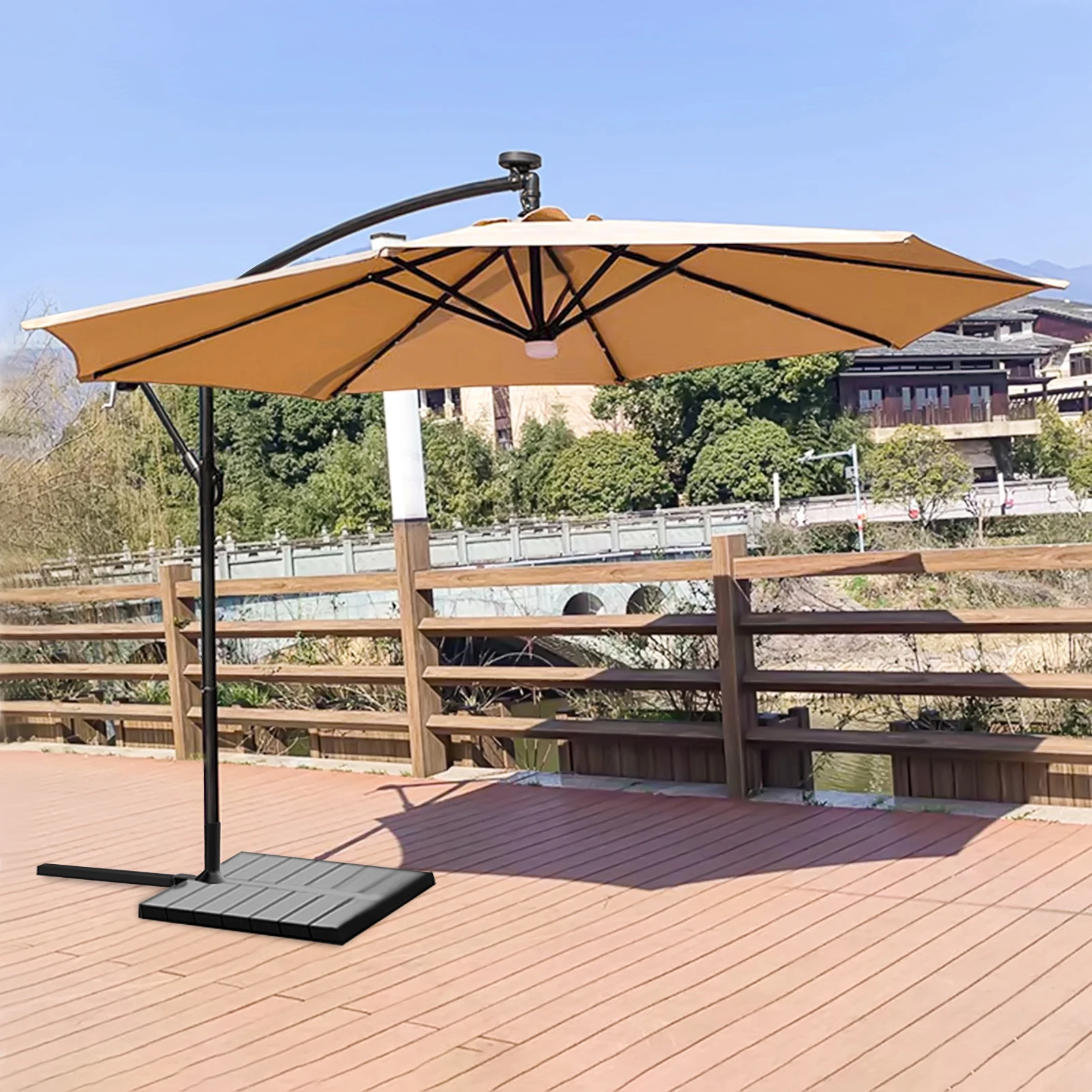 8.9x8.9ft 2-Tier Square Cantilever Patio Umbrella, Outdoor Umbrella with Solar LED Lights, Outdoor Sun Shade Hand-cranked