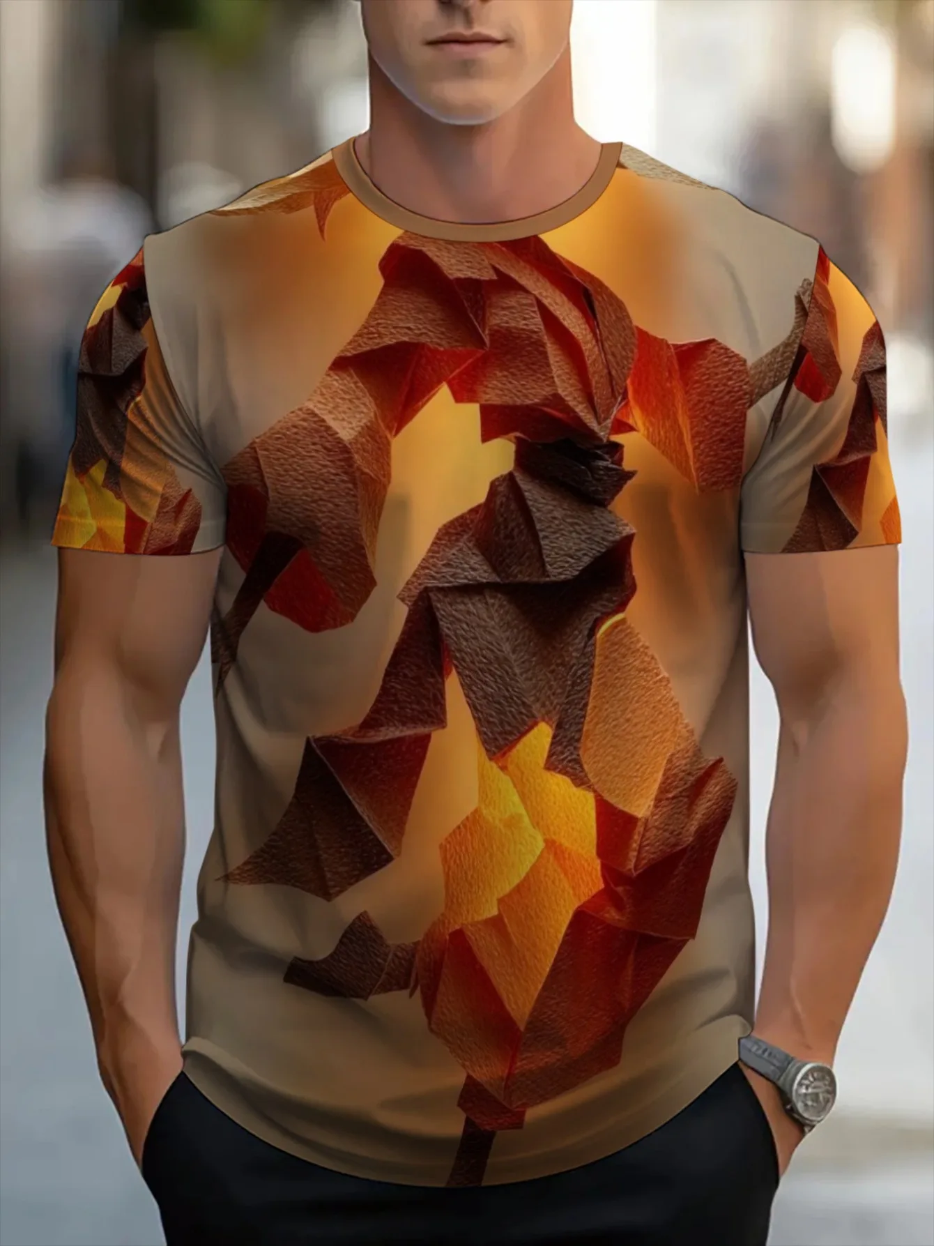 Men 3D Folded Paper Geometric Print Crew Neck T Shirt Orange Brown Gradient Short Sleeve Casual Street Tops