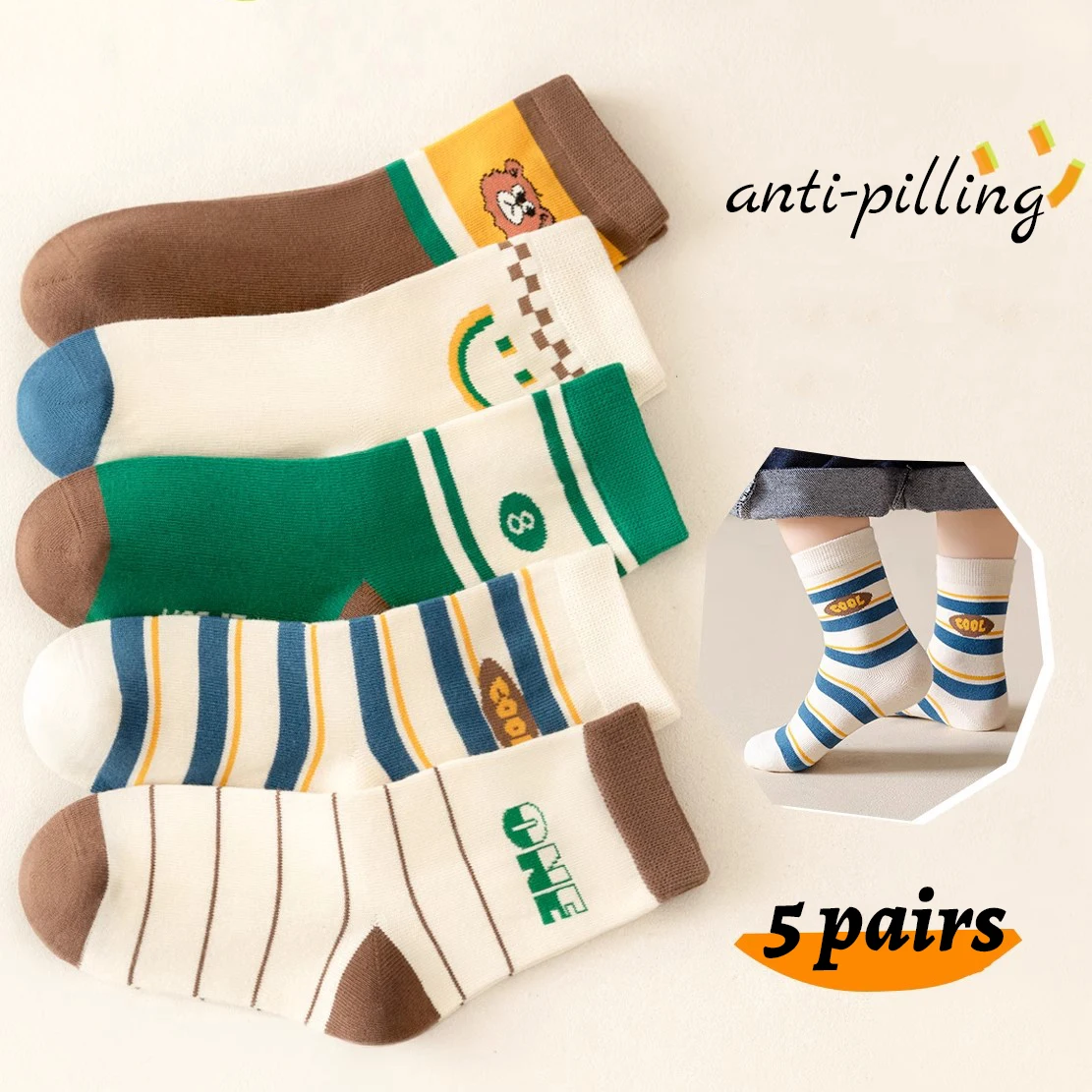 5Pairs 1-16Years  Children's Socks Fashion With Letters Moisture-absorbent And Breathable Skin Care Crew Socks Athletic Socks