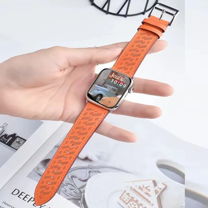 Correa de cuero para Apple Watch Ultra 2, 49mm, 45mm, 44mm, 41mm, 40mm, 42mm y 46mm, pulsera transpirable para iWatch 10 9 8 7 6 5 4 SE Correa