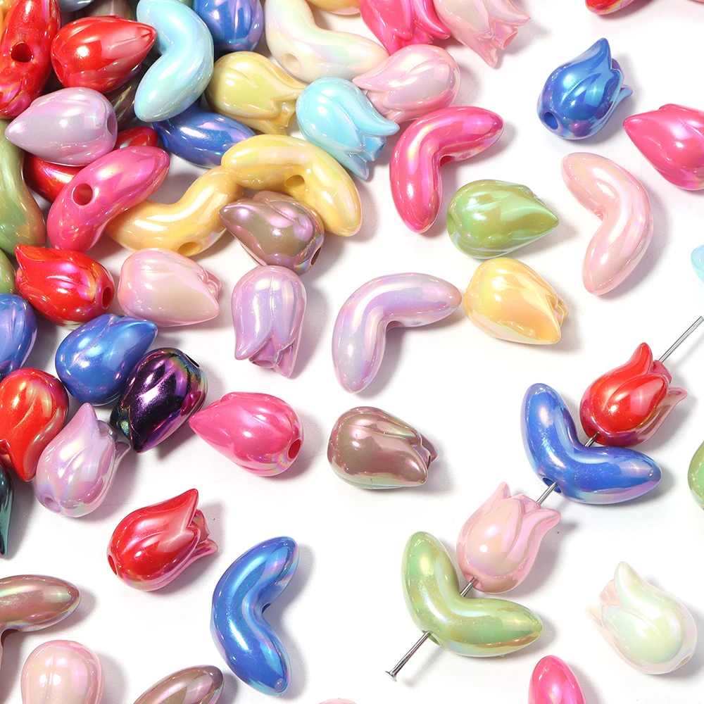 20 Stück farbig plattierte Tulpenblüten- und Blätter-Acrylperlen, lose Abstandsperlen für DIY-Bastelarbeiten, Ohrringe, Schlüsselanhänger, Schmuckherstellungszubehör – Detail 4
