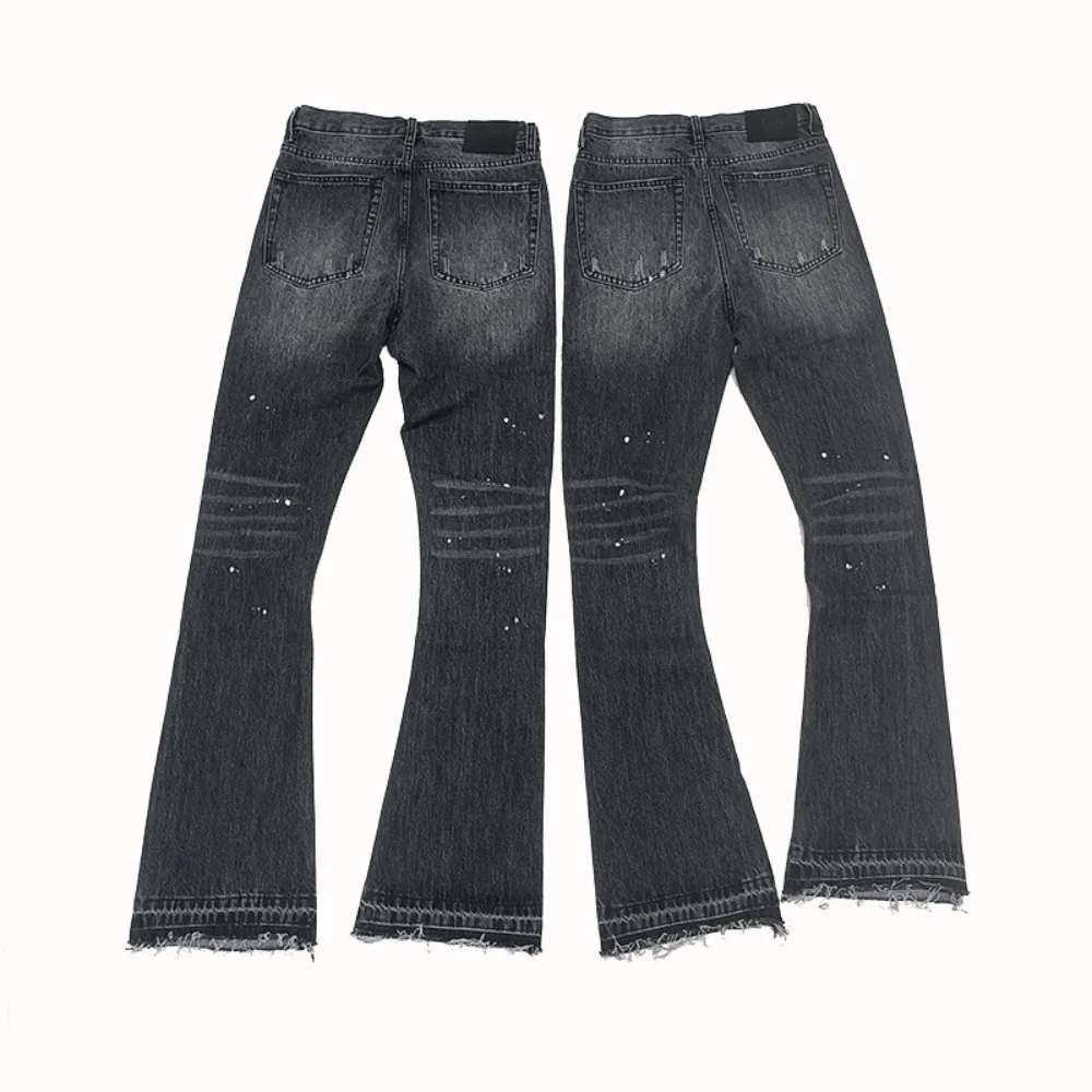 High Street Jean Pants Men's Bent Knife Washed Black Gray Micro Trumpet Shaped Splashed Ink Streetwear Casual Jeans Pant