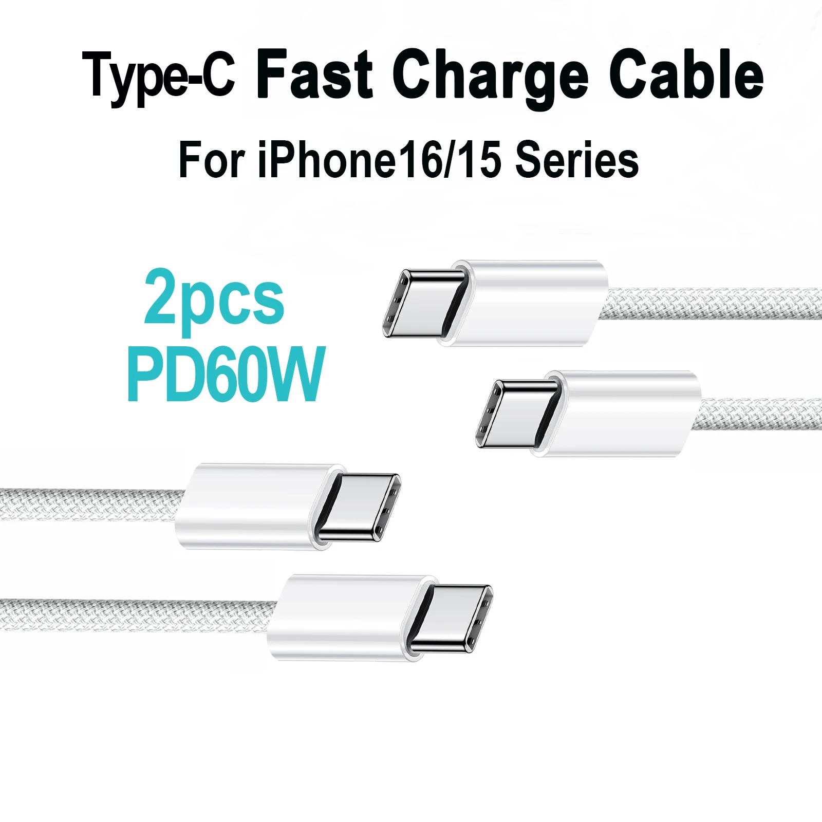 

2pcs Type C Fast Charging Braided Cable for iPhone16/15 Pro Max, iPad Pro, Macbook Air Max PD60W, Android and other USB-C Device