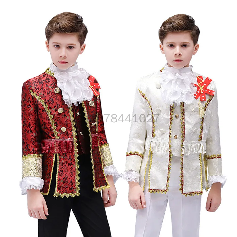 Kids Punk Halloween Costumes King Prince Renaissance Medieval Boy Gothic Cosplay Party Costume Coat+Pants+Tie Full Set