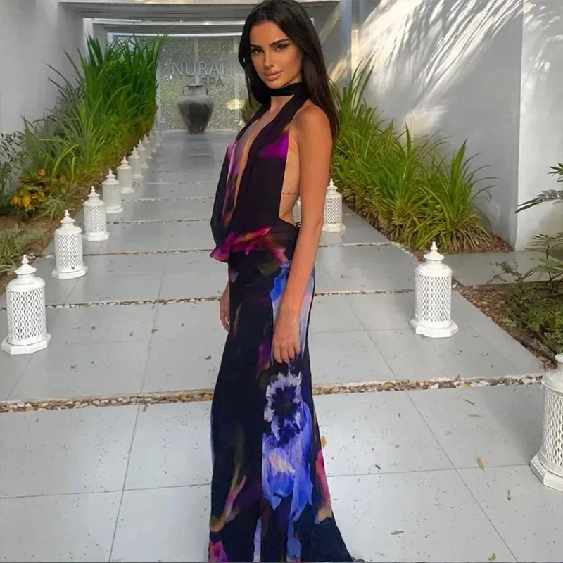 Robe longue sexy imprimée mode européenne et américaine avec col tombant femme