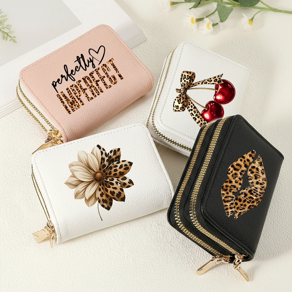 Cherry Leopard Flower Imperfect Girls Womens Double Zipper Wallet Lychee Short Credit Card Holder with Large Capacity Coin Purse