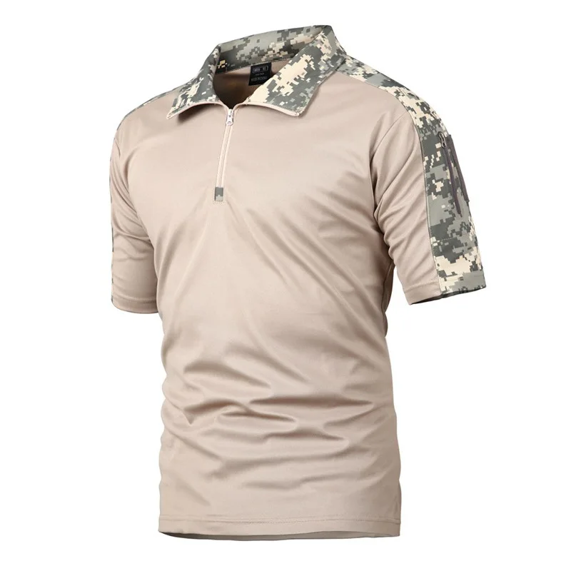 Lynjacye Men Tactical T-shirt Short sleeved Camo T-shirt Flip Collar Elastic Summer Outdoor Fitness Training Frog Suit