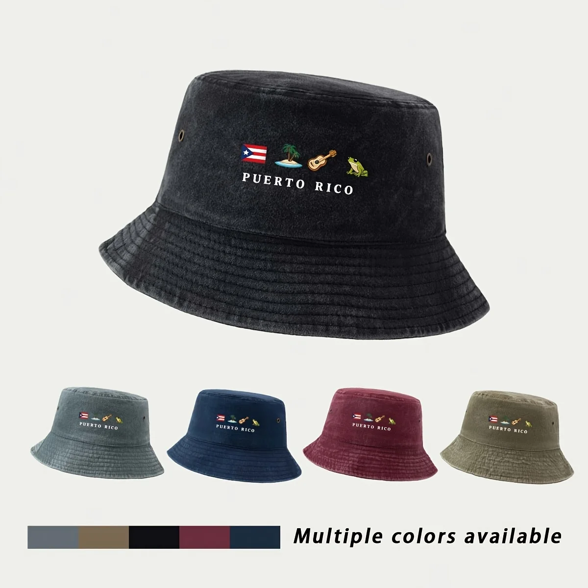 Fisherman Hat with Puerto Rican Cultural Elements Print, American Fresh Morandi Casual Style Fishing Cap Easy to Clean Comfortab
