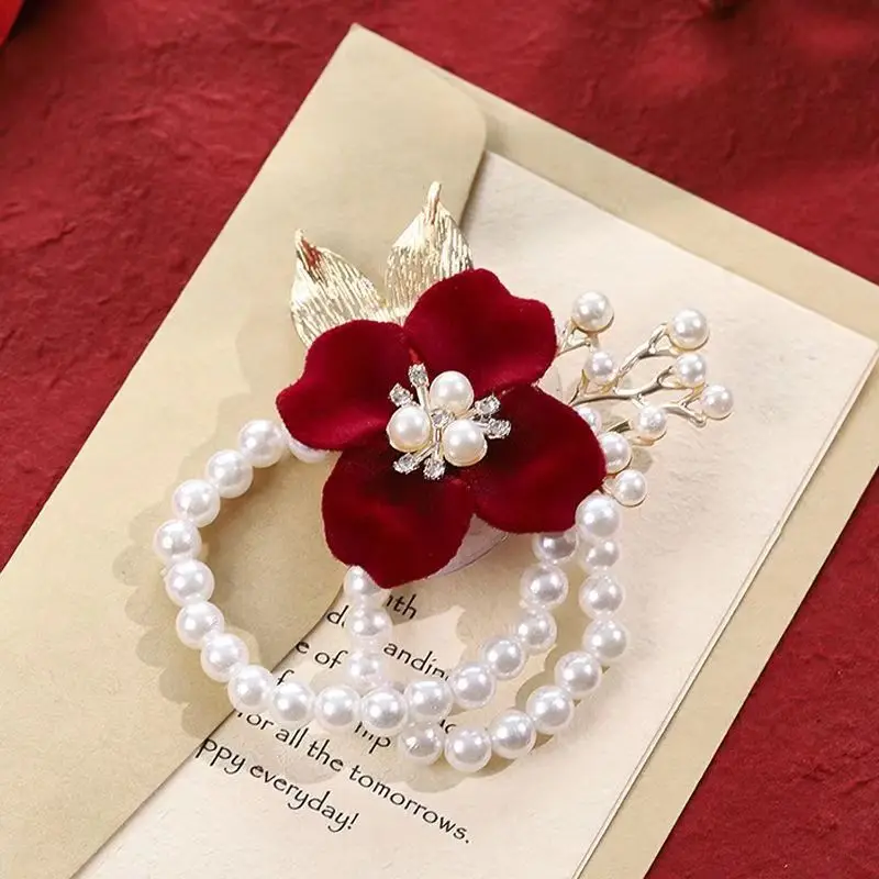 Pearl Rose  Bracelet Flowers, Elegant Bridal Wrist Flower for Wedding Party, Delicate Bride Bridesmaid Hand Jewelry image 4