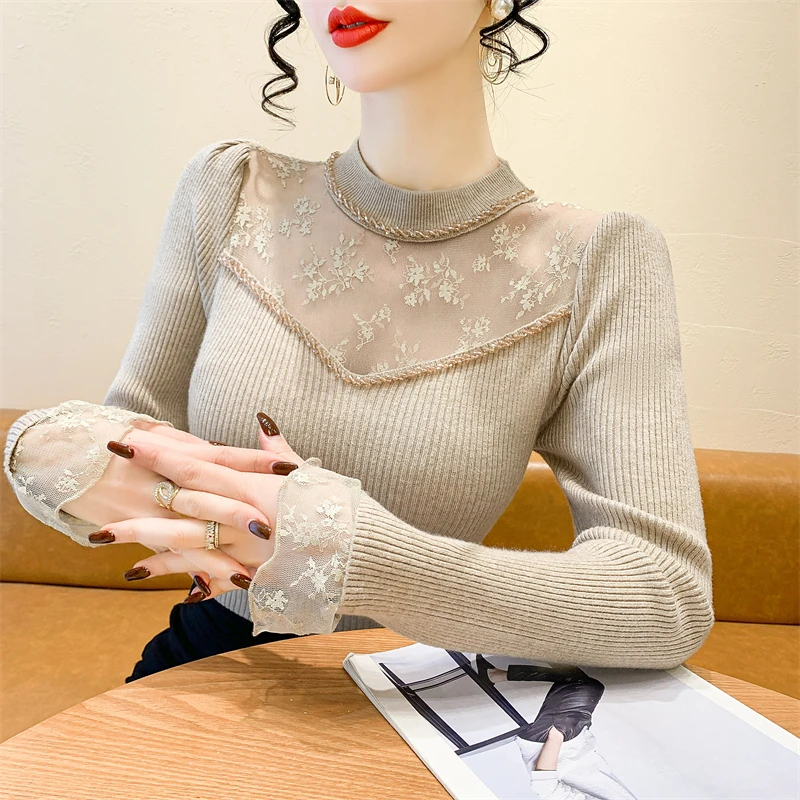 2025, nowość, europejski, ubrania, dzianina, sweter, kobiety, szyk, seksowny, dekolt w szpic, patchwork, koronka, koraliki, długi rękaw, koszula z dołu, topy, 412144