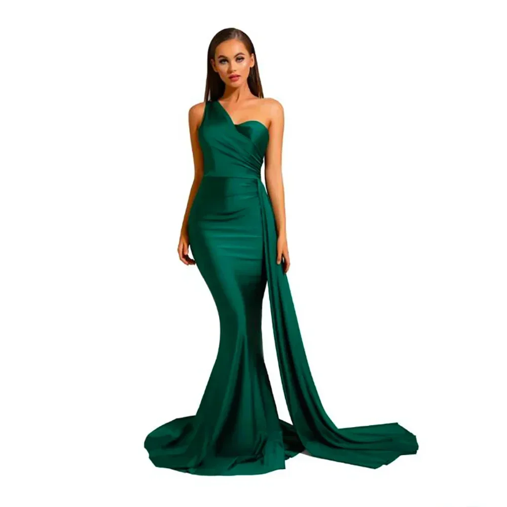 One Shoulder Padded Sexy Ruched Bridesmaids Dress Side Train Sleeveless Bodycon Evening Night Party Gown Burgundy Green Retro