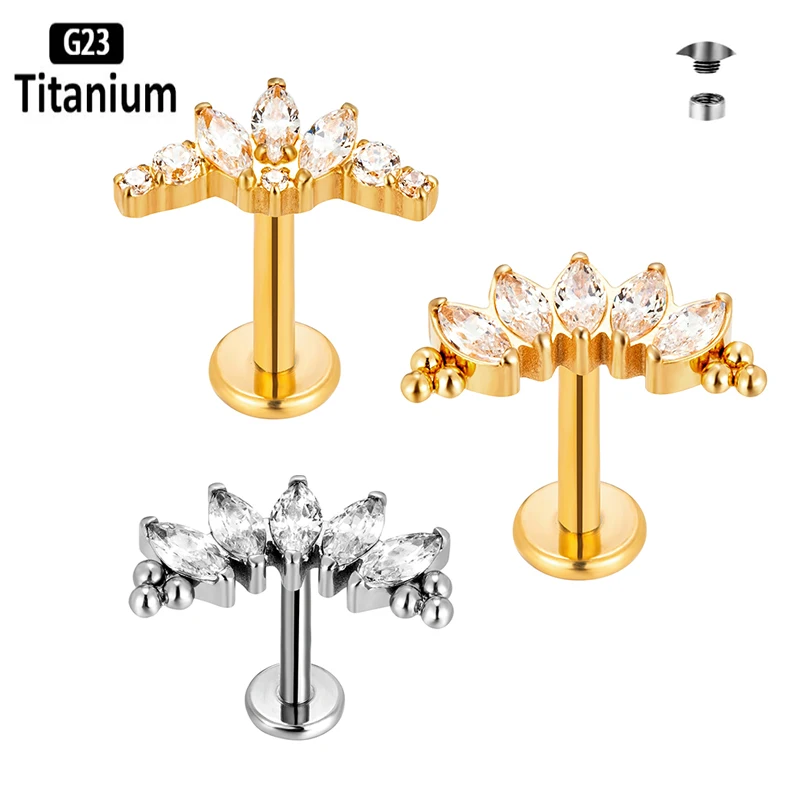 G23 Titanium Lip Piercing CZ PVD Internally Threaded Labret Earring Ear Stud Lip Rings Ear Cartilage Helix Lobe Body Jewelry 16G