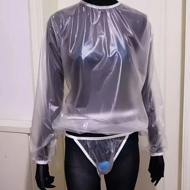 Прозрачная мягкая бесшумная пластиковая рубашка из ПВХ с длинными рукавами и круглым вырезом, пуловер, футболка, водонепроницаемые трусы ABDL, интимный комплект для пары ﻿