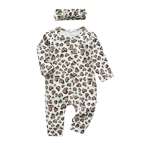 Infant Baby Girls Romper Hearts Print Long Sleeve Jumpsuit with Headband