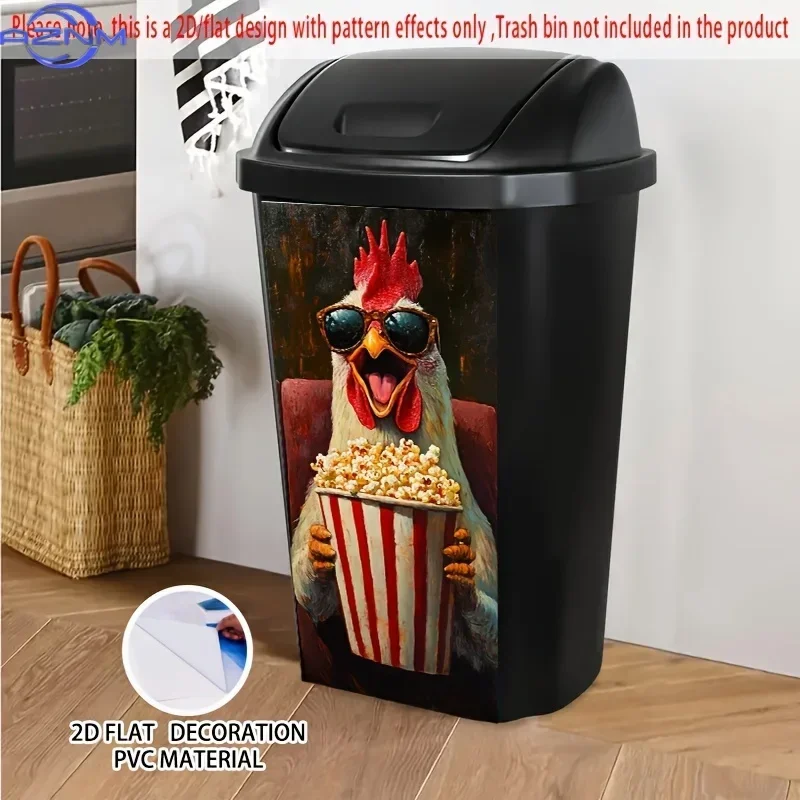 Funny Chicken at Movie with Popcorn Self-Adhesive Sticker -  PVC Decal for Trash Bins & Walls, Whimsical Cartoon Design with F