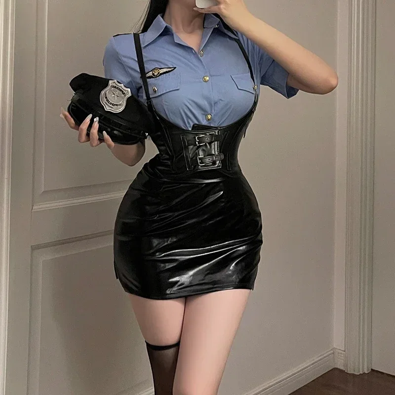 Blue Sexy Women Police Uniform Adult Clubwear Halloween Carnival Game Party Cosplay Costumes T-shirt+Mini Skirts Lingerie Set