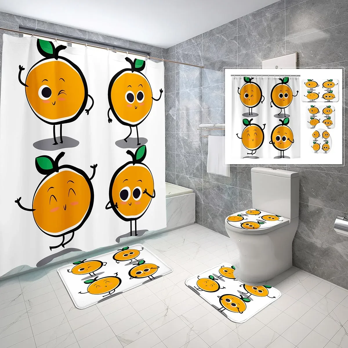 4 Pcs Cartoon Fruit Shower Curtain Sets with Toilet Lid Cover and Non-slip Bath Mat Watermelon Waterproof Shower Curtain Set