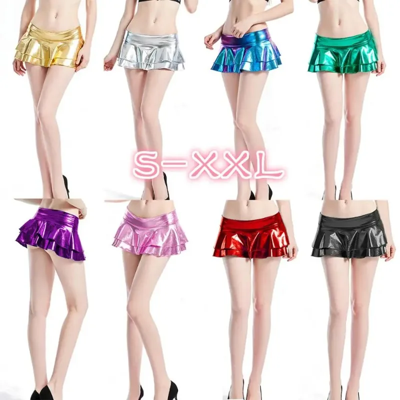 Sexy Shiny Low Waist Luminous Miniskirt Women Metallic Faux Leather Pleated Night Club Dance Sm Game Toy PU Fantasy Mini Skirt