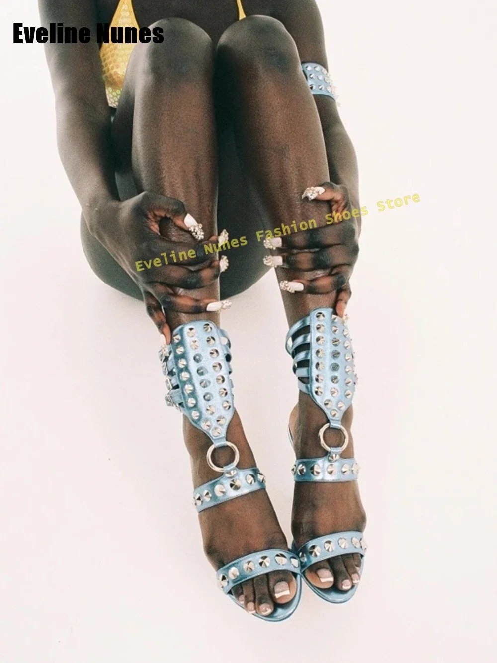 Spicy Girl Sandals Party 2025 Summer Rivet Metal Buckle Blue Belt Buckle Sandals Open Toe Thin Heels Slingback Ankle Strap Sexy view 3