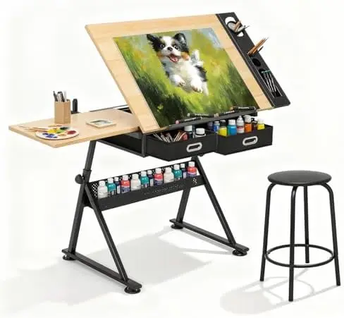 Professional Drafting Table for Adults Teens, Tilting Glass Tabletop Art Craft Desk Diamond Watercolor Paintings