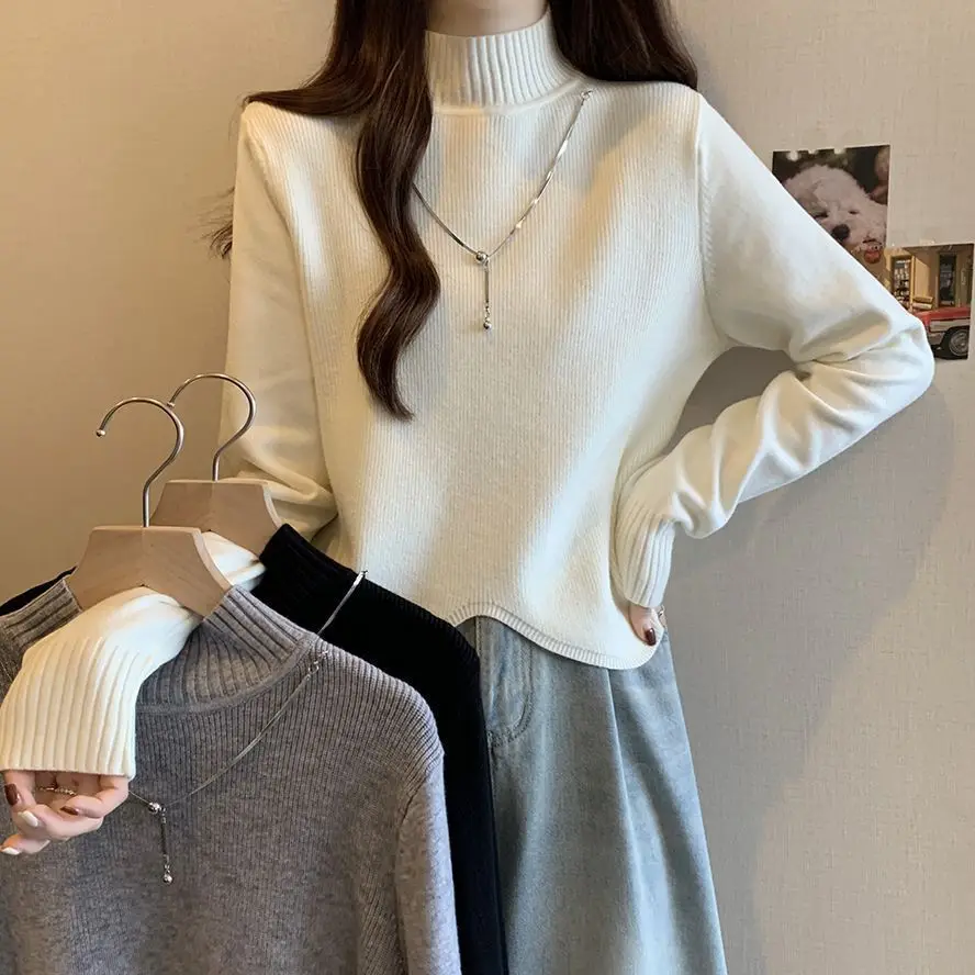 

Autumn and Winter New Thickened Lazy Wind Lotus Leaf Edge Knitwear Top Women's High Neck Bottom Versatile Sweater