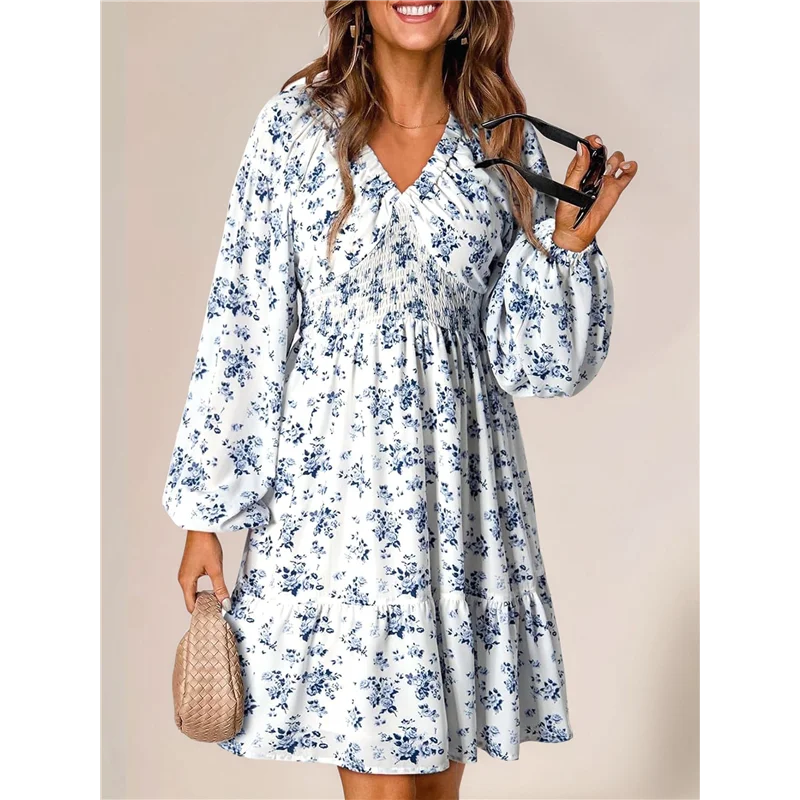 CYL-Women Fall Boho Floral V Neck Long Sleeve Smocked Elastic Waist Casual A-Line Mini Dress Sundress