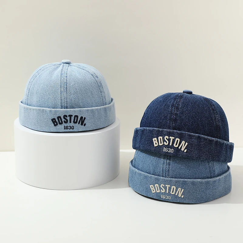 

Korean Denim Melon Capfor Baby Hip Hop Letter Embroidered Brimless Hat Adjustable Kids Landlord Hats Retro Dome Docker Beanies