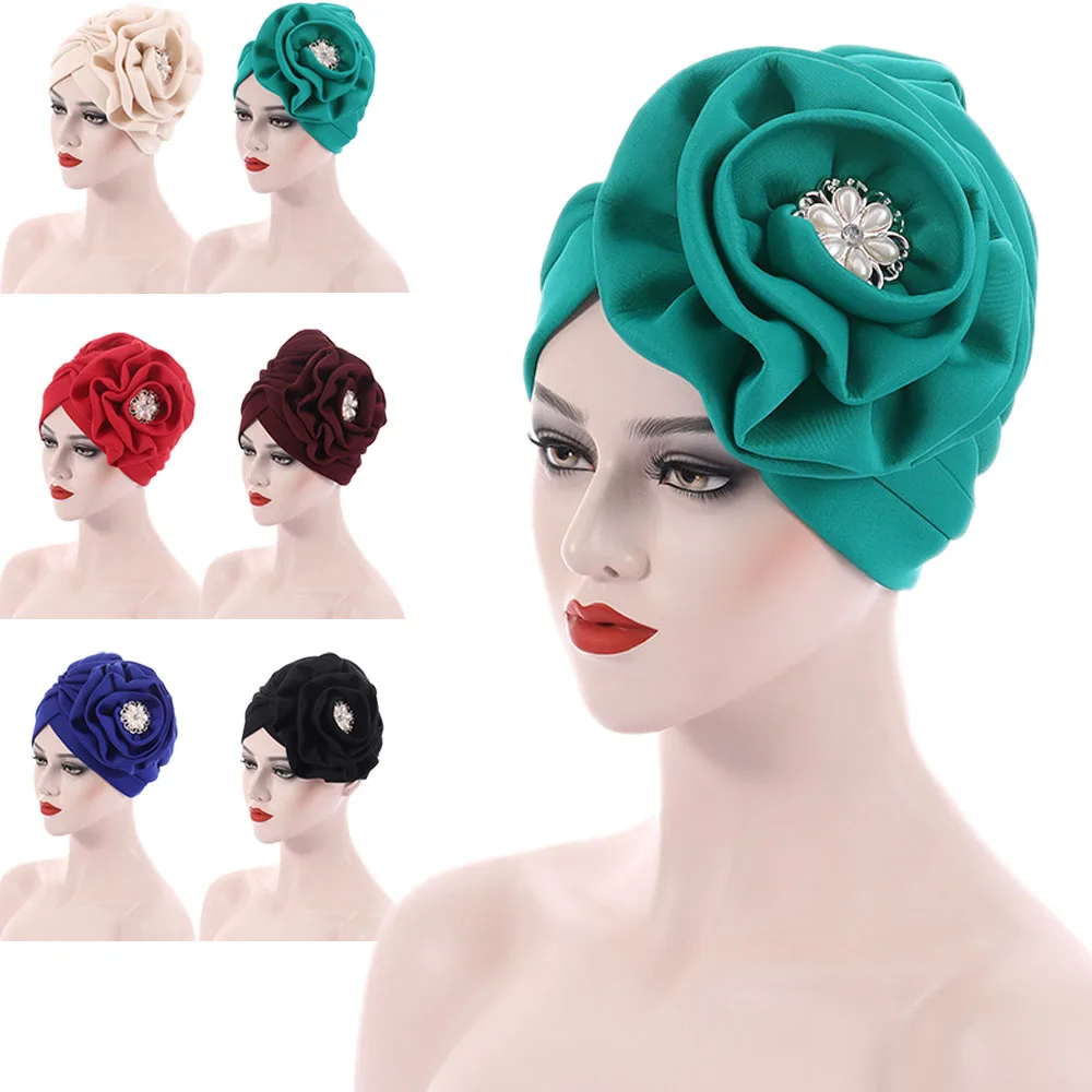 

African Women Flower Turban Diamond Chemo Cap Bonnet Hat Muslim Hijab Headwear Hair Loss Wrap Auto Geles Aso Oke Nigeria Headtie