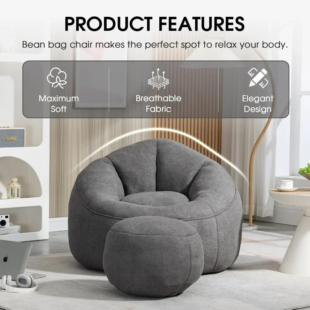 Beanbag Sofa, bantalan serat prima, Sofa dengan bangku kaki dan busa memori isi, Sofa abu-abu dalam dan luar ruangan