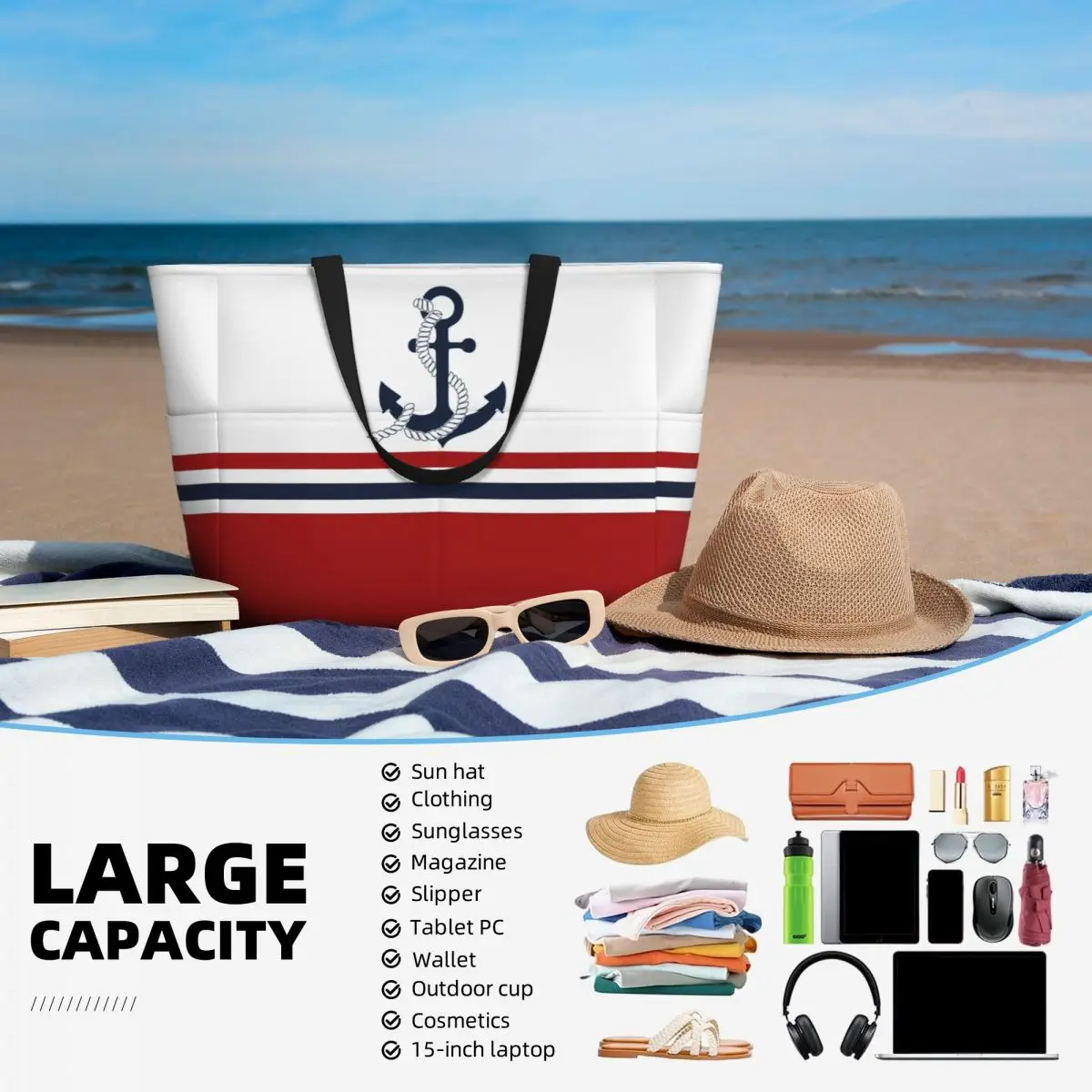 Custom Nautical Blue Anchors Stripes Beach Tote Bag for Women Sailing Sailor Big Compartment Gym Beach Travel Bags image 5