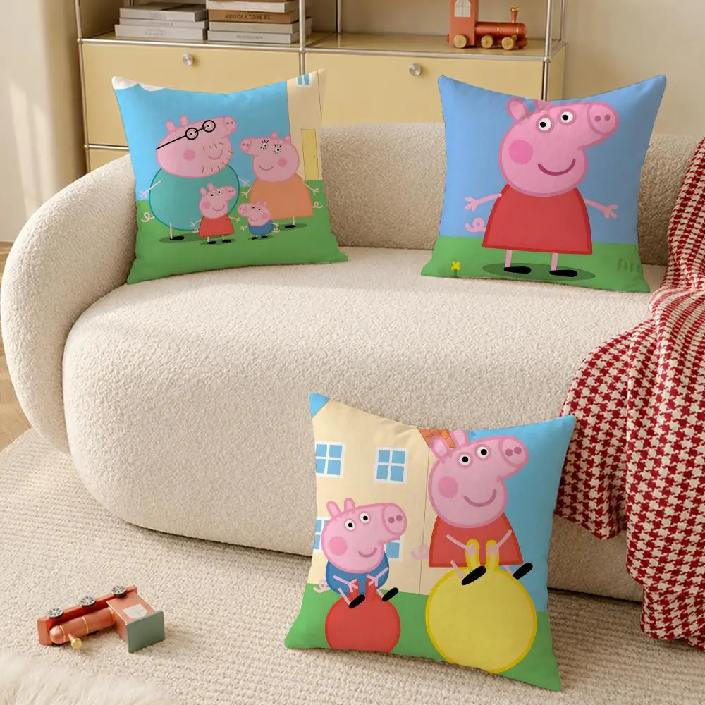 Cartoon P-Peppa P-Pig Cushion Cover Wrinkle-Resistant Short Plush Cushion Covers Breathable Machine-Washable