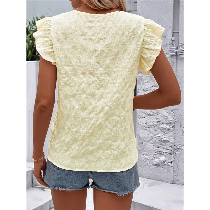 

AG-Women's Floral Embroidery Blouse Flutter Sleeve Square Neck Textured Summer Shirt