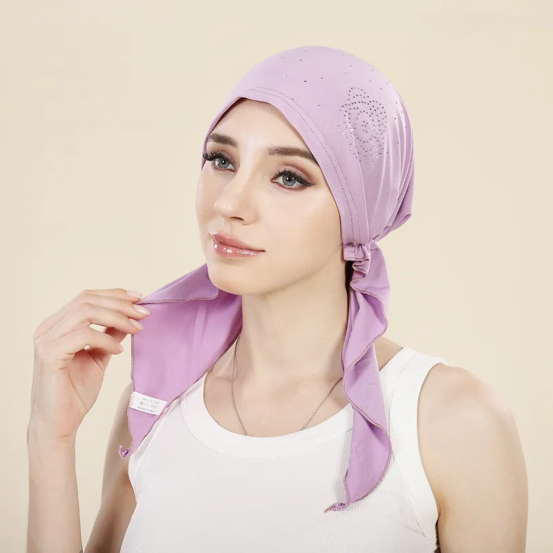 KepaHoo Trendy Rose Hot Drill Muslim Hijabs Turban Bonnet Long Tail Head Wraps Hijab Hats Breathable Chemo Cap For Women Girls