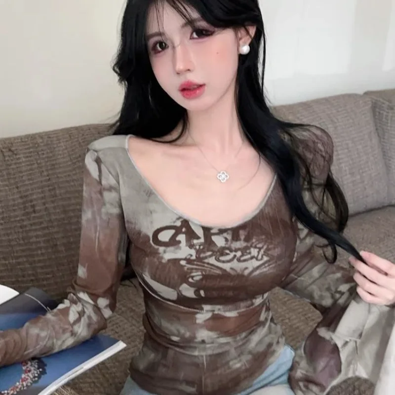 

Retro Trumpet Sleeve Tie-dye Mesh Sun Women's Unique Chic Top Chiffon Blouse