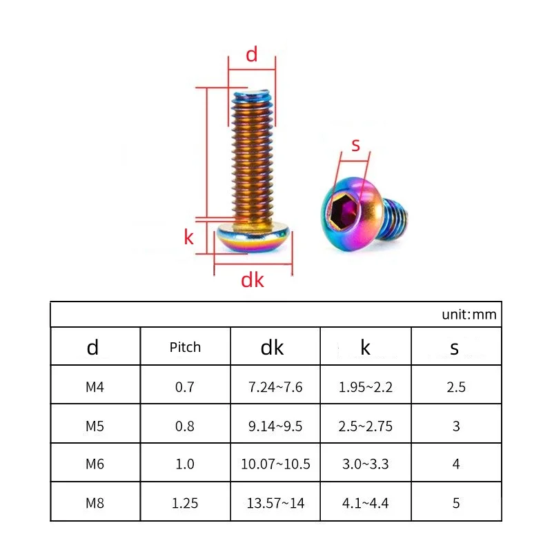 M4 M5 M6 M8 304 Stianless Steel Colourful Round Button Head Hexagon Screw Electric Motorcycle Modification Bolts