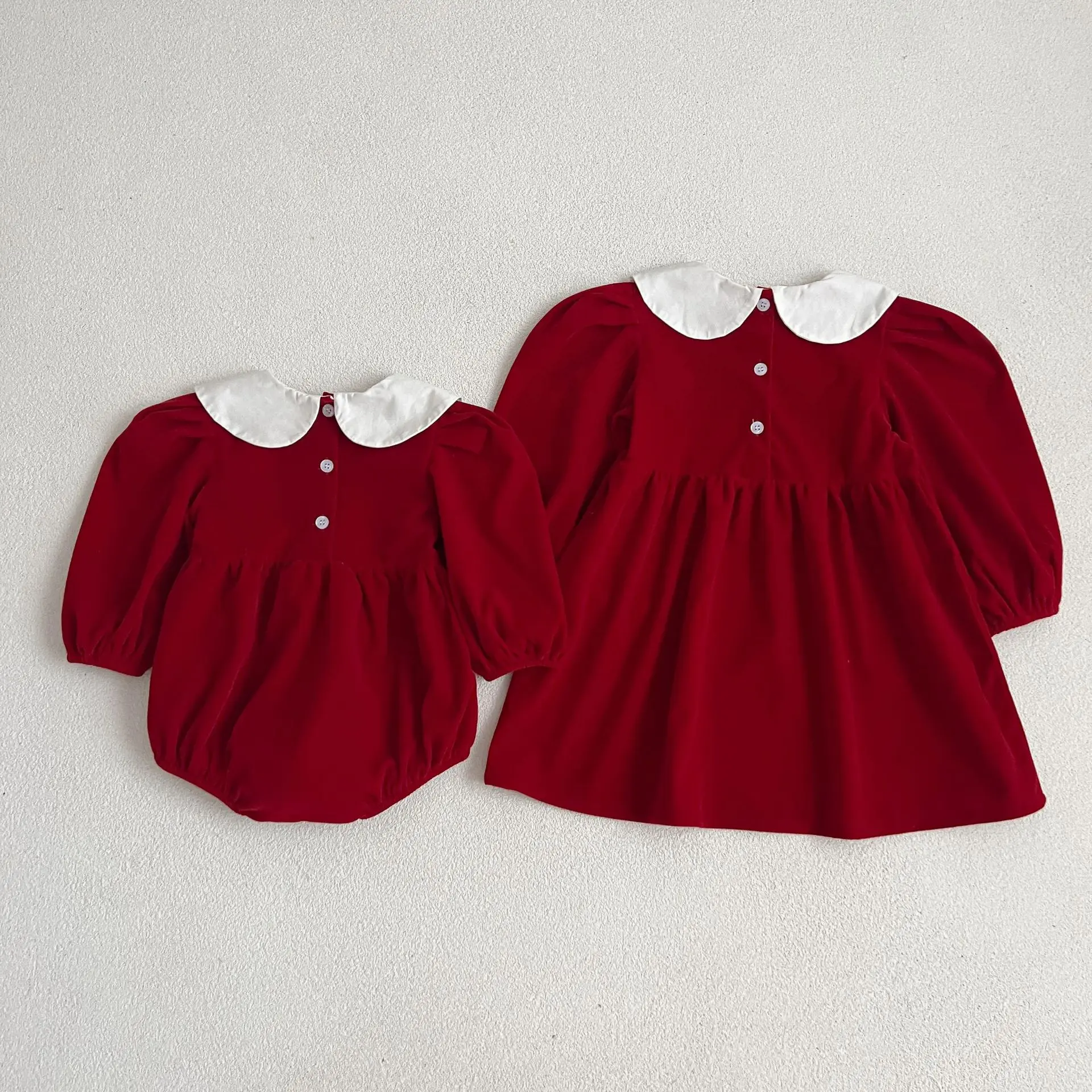 Baby Girls Bodysuit & A-Line Dress Red Velvet Doll Collar Smocked Bubble Matching Outfits Sister Matching Spring Fall Clothes