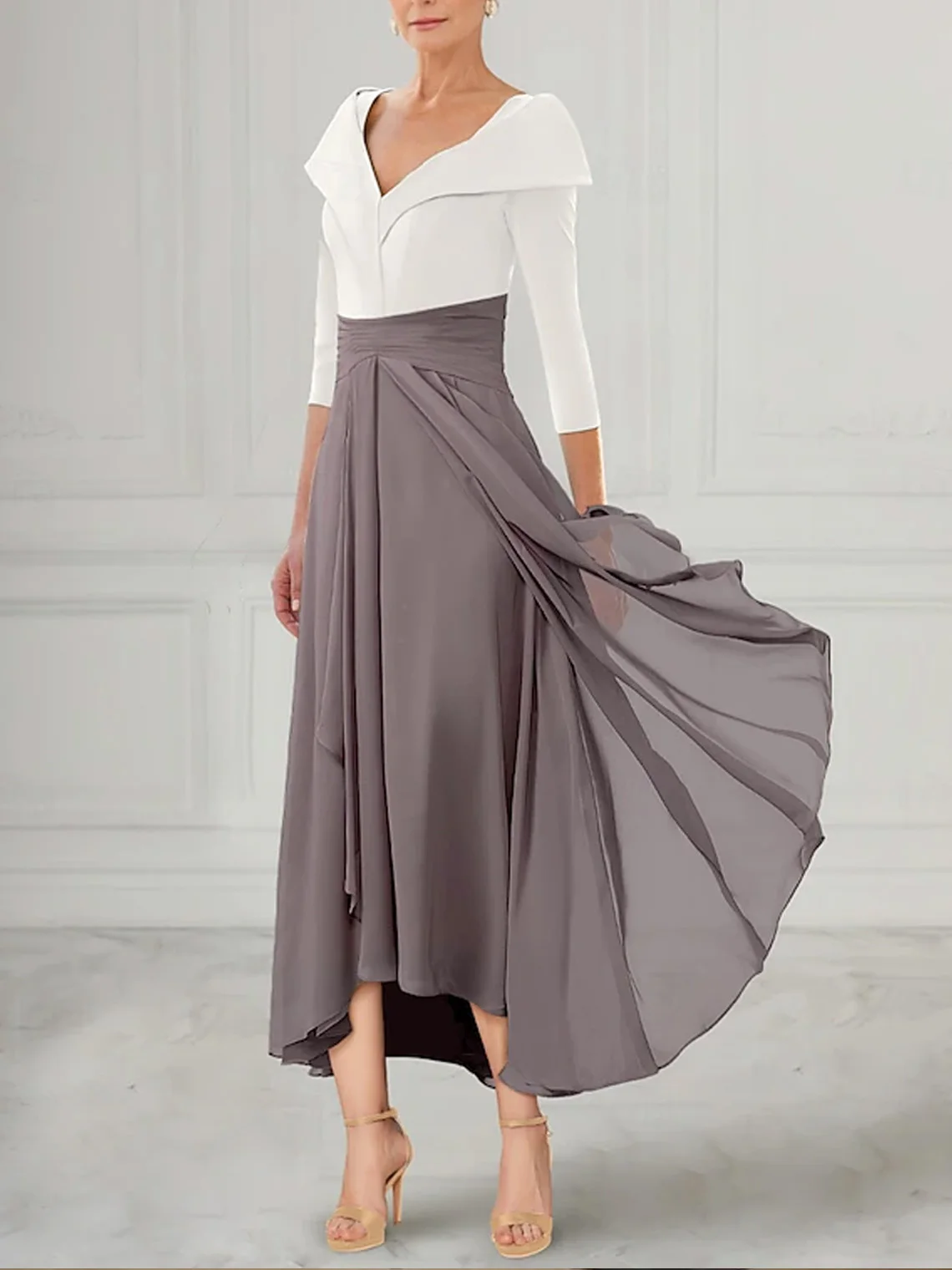 

Elegant Classic A-Line Chiffon Wedding Dress V Neck Asymmetrical 3/4 Sleeve Pleats Formal Evening Gown 2025 free customized