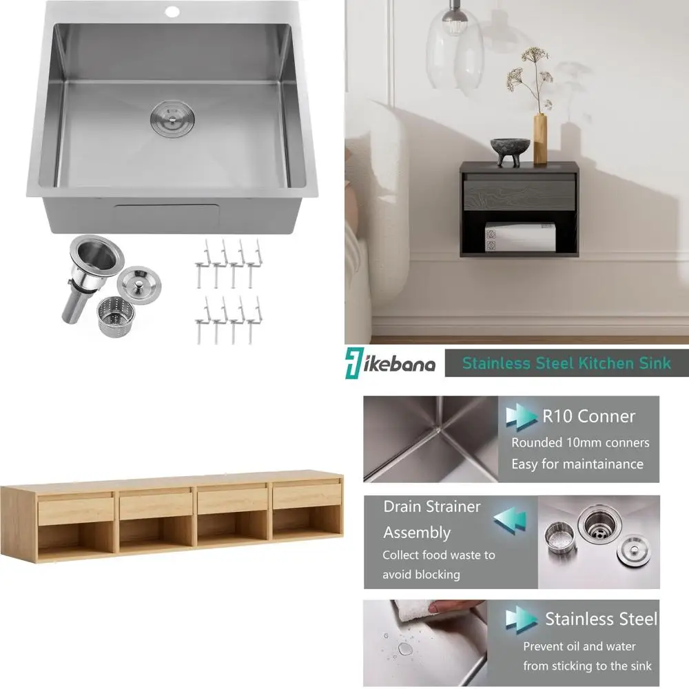 

Stainless Steel Top Mount Kitchen Sink 25x22 Inches, Brushed Nickel Finish, RV & Utility Applications