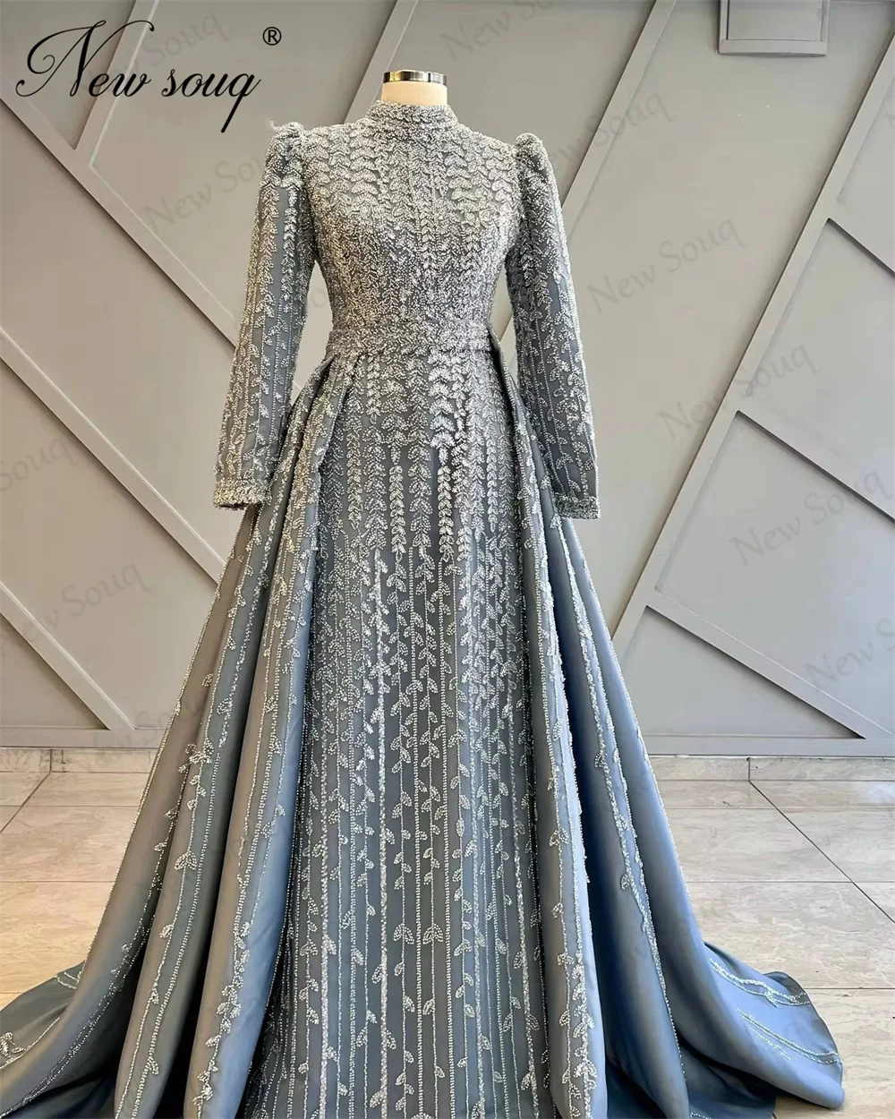 

Голубые арабские вечерние платья с бисером, ТРАПЕЦИЕВИДНОЕ ПЛАТЬЕ С Длинными Рукавами, женское платье с кристаллами, коктейльное платье для выпускного вечера